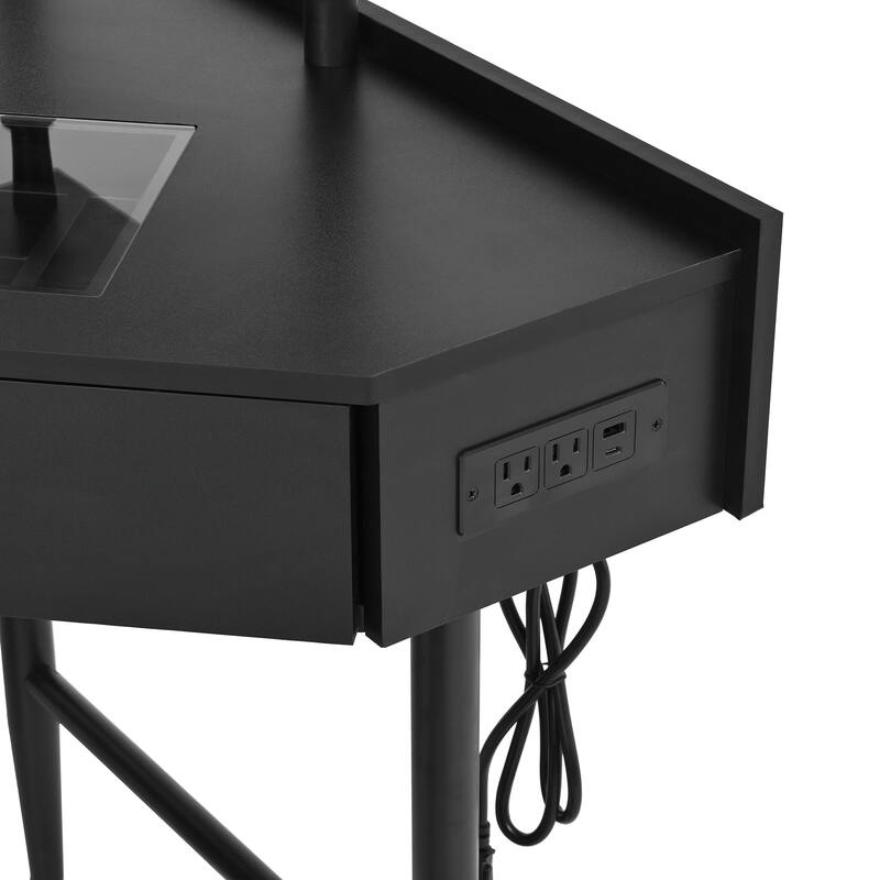 Corner Vanity Desk Set with Cushioned Stool and Charging Station,Triangle Makeup Desk with Removable Pull-Out Side Cabinet