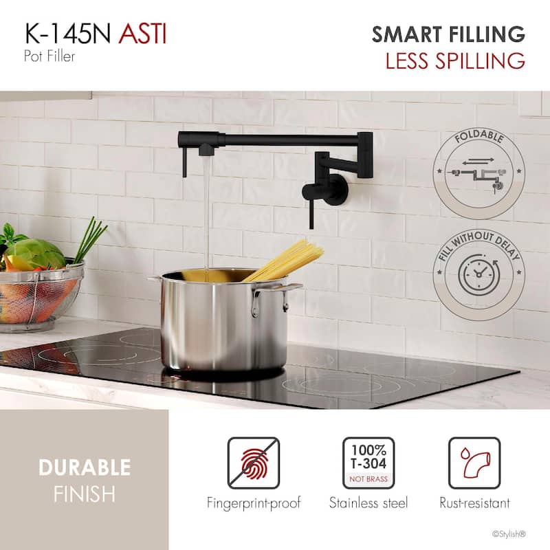 STYLISH Stainless Steel Wall Mount Pot Filler Folding Stretchable with Single Hole Two Handles
