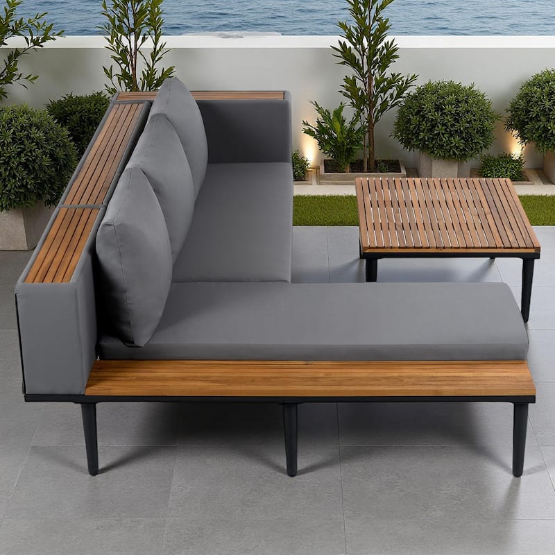 89.4" Outdoor Patio L-Shaped Acacia Wood Sectional Sofa Set with Coffee Table and Side Table - Gray