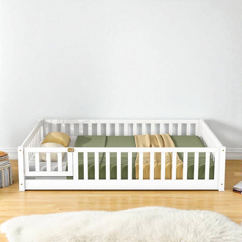 Full Size Rubber Wood Floor Bed with Fence, Door and Safety Guardrails for Kids - White - Full