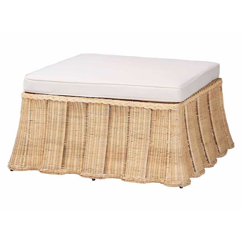 Rotem Natural Rattan Ottoman with Cushion - Handwoven Wicker Pleated Skirt Accent Coffee Table or Extra Seating for Living Room - Large