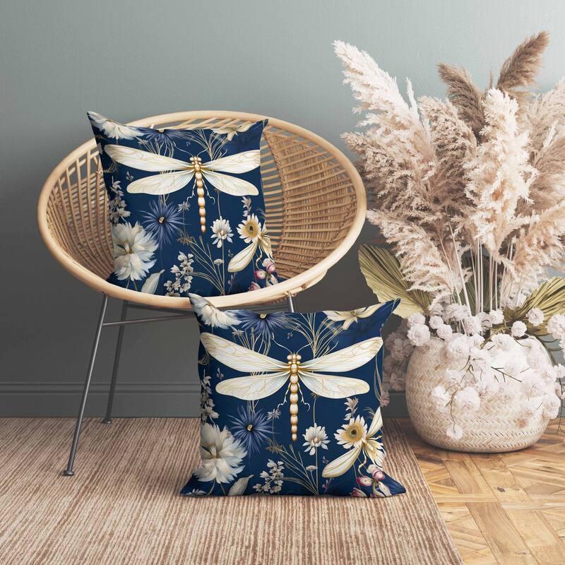 Dragonfly Drift Indoor/Outdoor Reversible Throw Pillow Blue and Gold