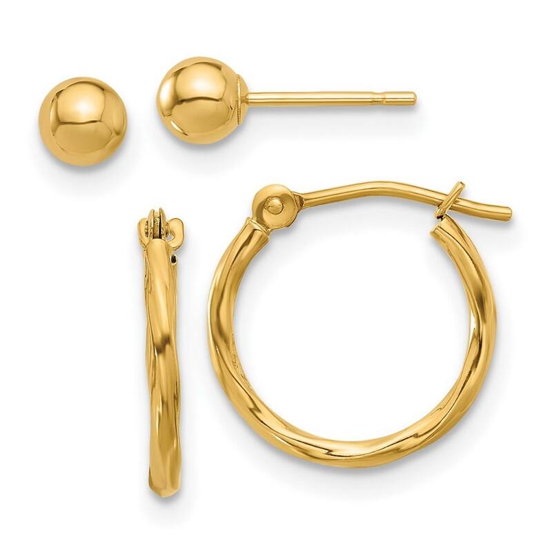 Curata 14k Yellow Gold Polished 4mm Ball and 12mm Twisted Hoop Earrings - Set