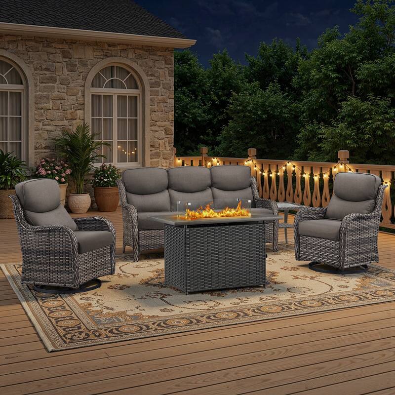 Meyreso 5-Piece Outdoor Patio Wicker Fire Pit Conversation Set with 5-Inch Thick Olefin Cushions - Gray Cushions - Gray Wicker
