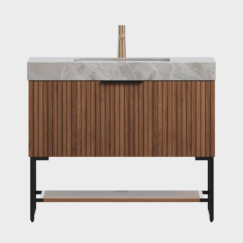 GDFStudio - Yolan 36" Freestanding Bathroom Vanity with Striped Drawer, Open Shelf & Undermount Ceramic Basin, WITHOUT Faucet