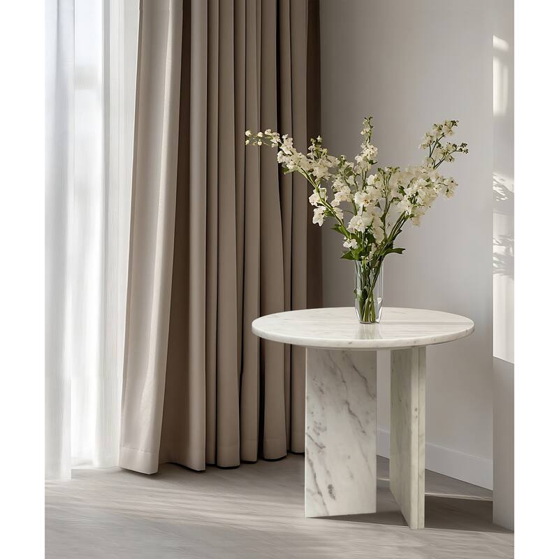 Roomfitters Round Marble Coffee Table, Natural Stone Side Table for Living Room, Solid Marble Accent Table - White+Natural