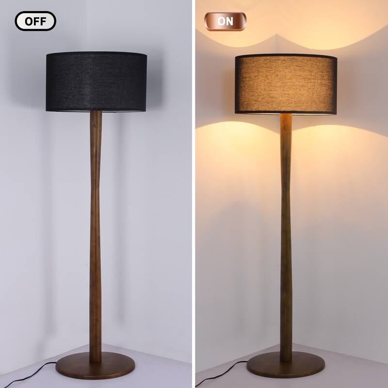 61 in. Retro Standing Floor Lamp with Rubberwood Base and Linen KD Lampshade for Bedroom, Living Room