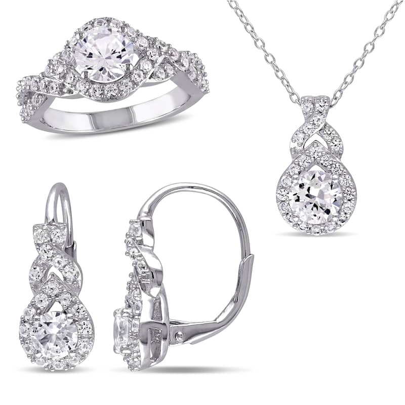 Miadora 6ct TGW Created White Sapphire Necklace Leverback Earrings Ring Set Sterling Silver
