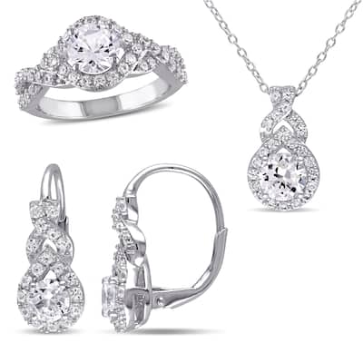 Miadora 6ct TGW Created White Sapphire Necklace Leverback Earrings Ring Set Sterling Silver