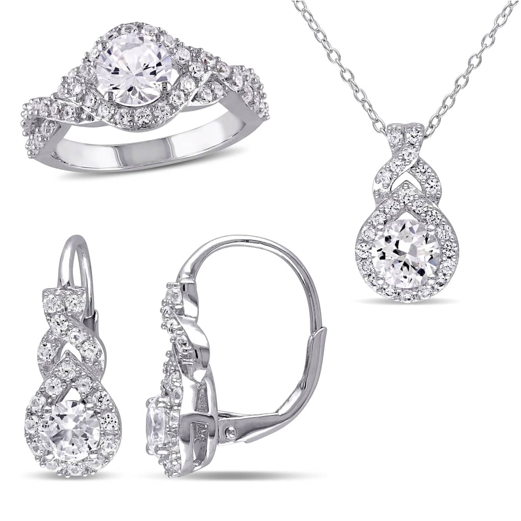 Miadora 6ct TGW Created White Sapphire Necklace Leverback Earrings Ring Set Sterling Silver