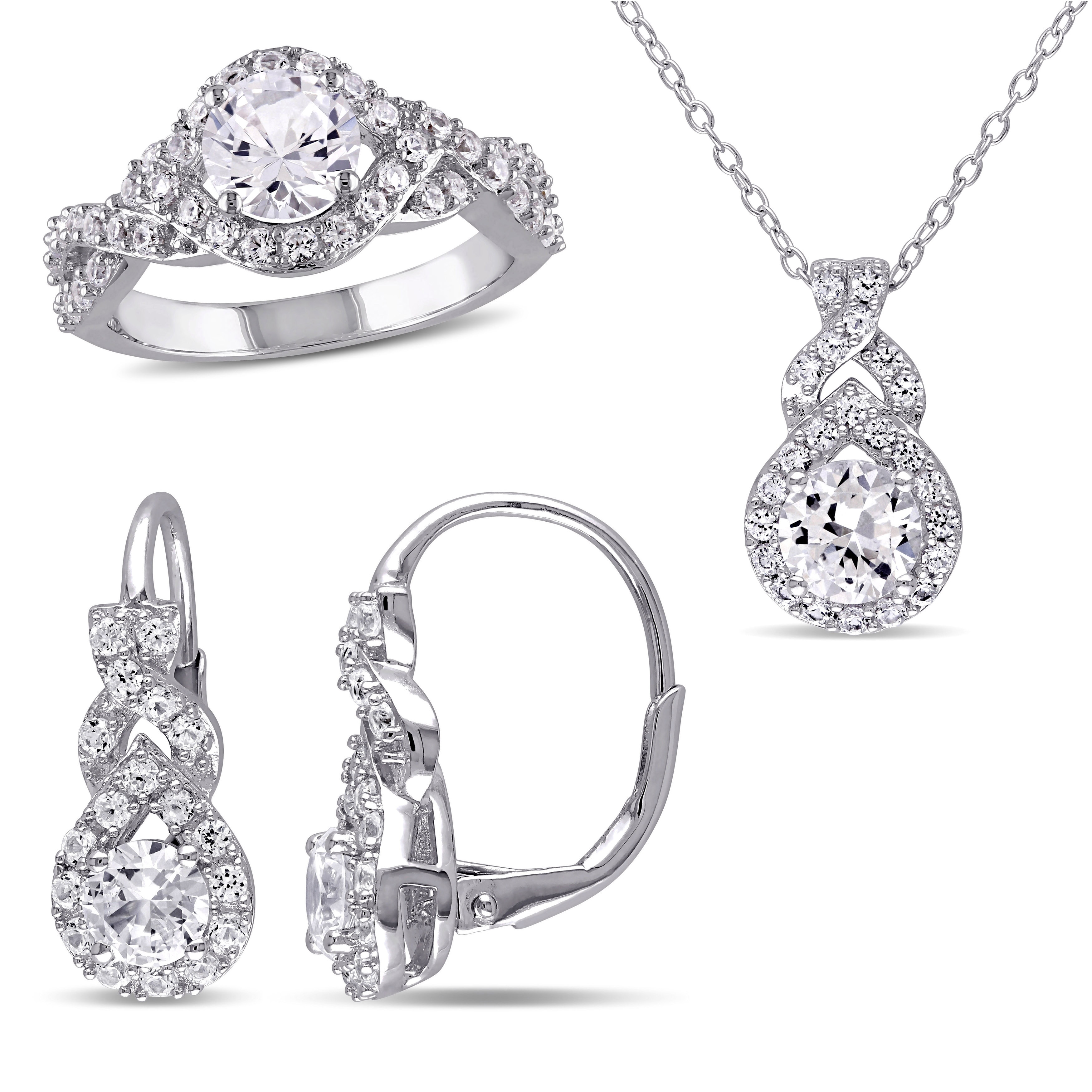 Miadora 6ct TGW Created White Sapphire Necklace Leverback Earrings Ring Set Sterling Silver
