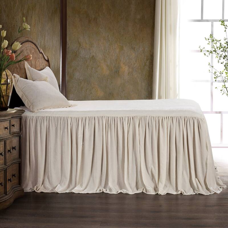 HiEnd Accents Stella Faux Silk Velvet Ruffle Skirt 3 Piece Bedspread Set with Pillow Shams - Stone - King