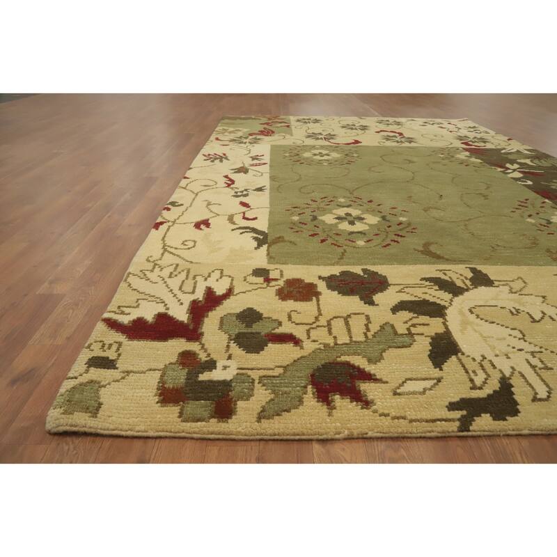 Green Wool Floral Indian Area Rug 7x10 - 9' 11'' X 6' 6''