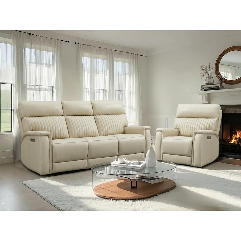 122''W 4-Seat Premium Genuine Leather triple-Power Sofa set with Zero Gravity, Adjustable Headrest & Lumbar Support - Cream