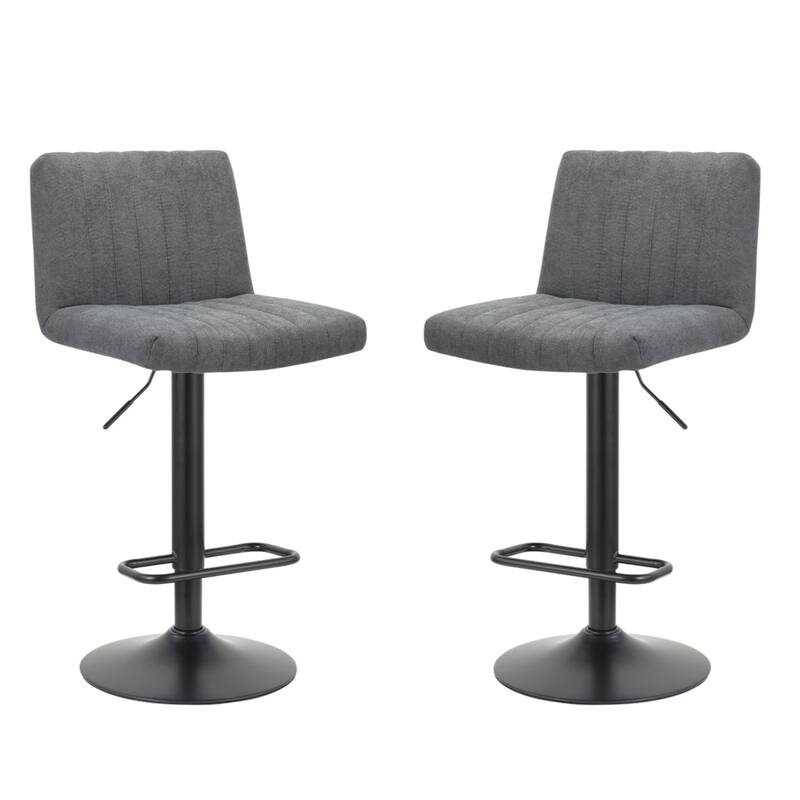 Set of 2 Modern Grey Adjustable Bar Stools with Fabric Seat and Tufted Back and Metal Pedestal Base - 35”H x 19”W x 18”D