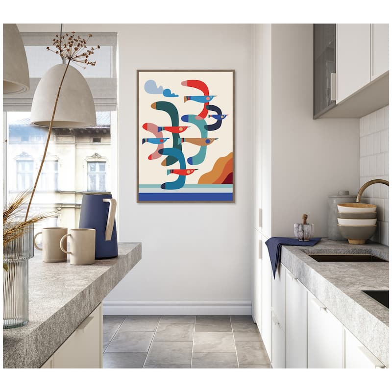 Kate and Laurel Seagulls Coastal Vibes by Rachel Lee Framed Canvas Wall Art Print