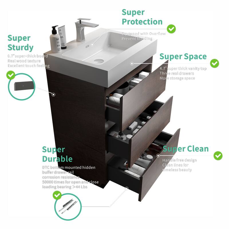 GDFStudio - Alice Walnut Freestanding Bathroom Vanity with One-Piece Matte Black Sink, Modern Handle-Free Design, Pre-Assembled