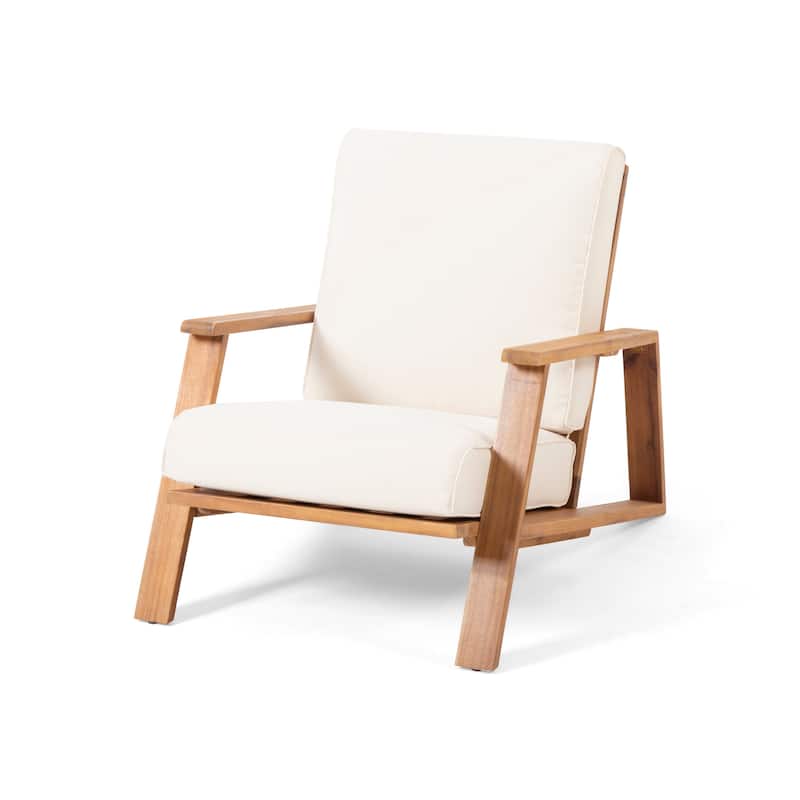 Outdoor Accent Chair, Beige Fabric Cushions, 39 Inch Brown Acacia Wood