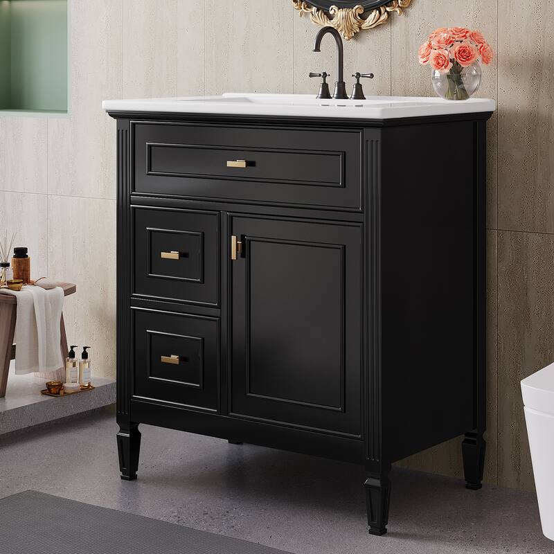 Roomfitters 30" Bathroom Vanity with Ceramic Sink, Solid Wood Frame with Flip Drawer, 2 Side Drawers & Adjustable Shelf - Black