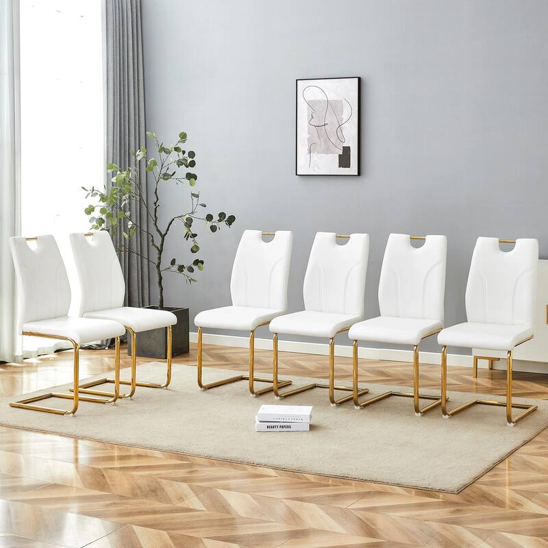 PU Dining Chair Set, Uniquely Designed Dining Chairs, Pu Material, Paired With Gold Metal Chair Legs, (Set Of 6) - White+Gold