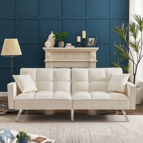 Modern Velvet Sofa Couch Bed with Armrests and 2 Pillows