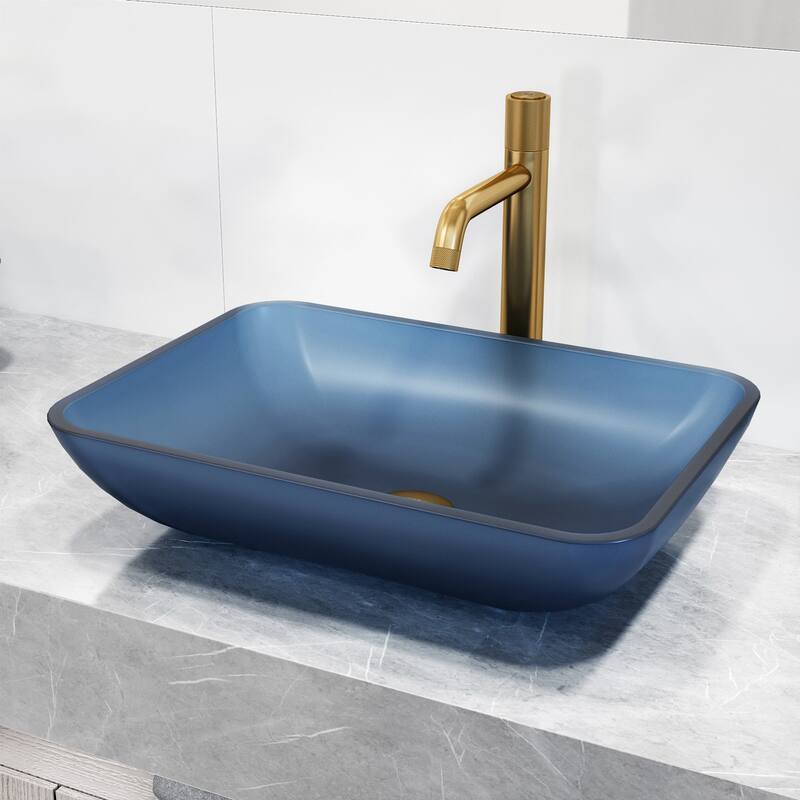 VIGO Sottile 18"L x 13"W x 4"H Glass Rectangular Vessel Bathroom Sink in Royal Blue