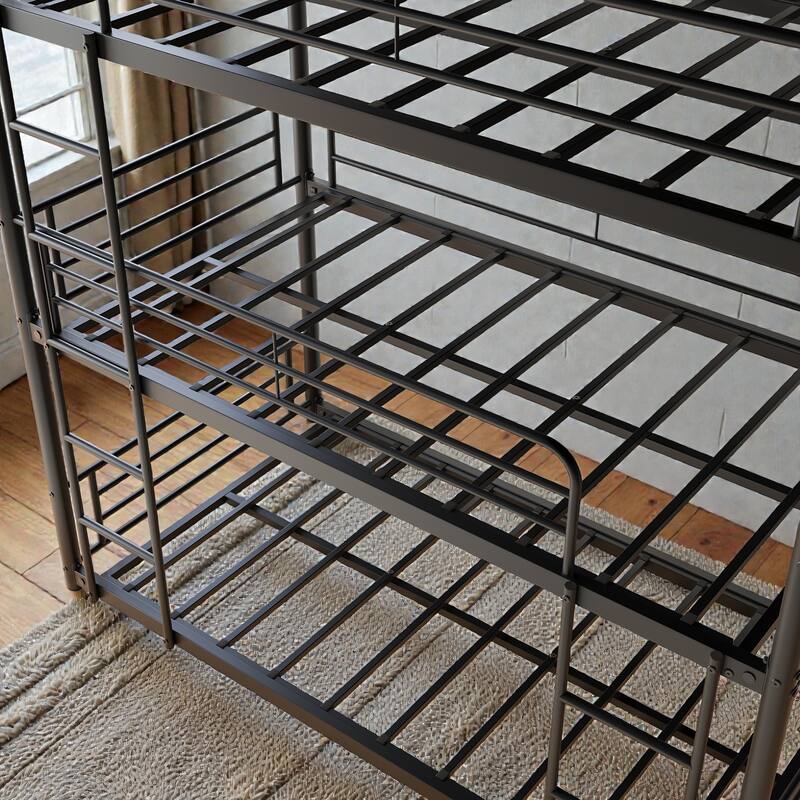 Twin Over Twin Over Twin Metal Triple Bunk Bed with Guardrails and Dual Ladders, Space Saving Frame, No Box Spring Needed