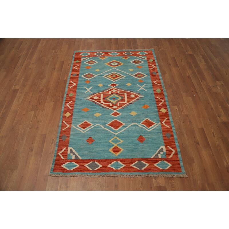 Hand Woven Oriental 100% Wool Carpet Southwestern Tribal Navy Blue & Blues Kilim Area Rug - 5' 0'' X 3' 2''
