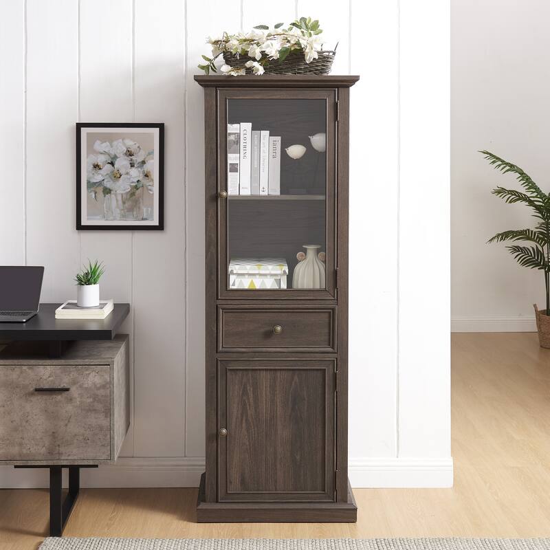 Modern Glass Door Cabinet, Tall Freestanding Storage with Shelves & Drawer, Versatile Organizer for Home