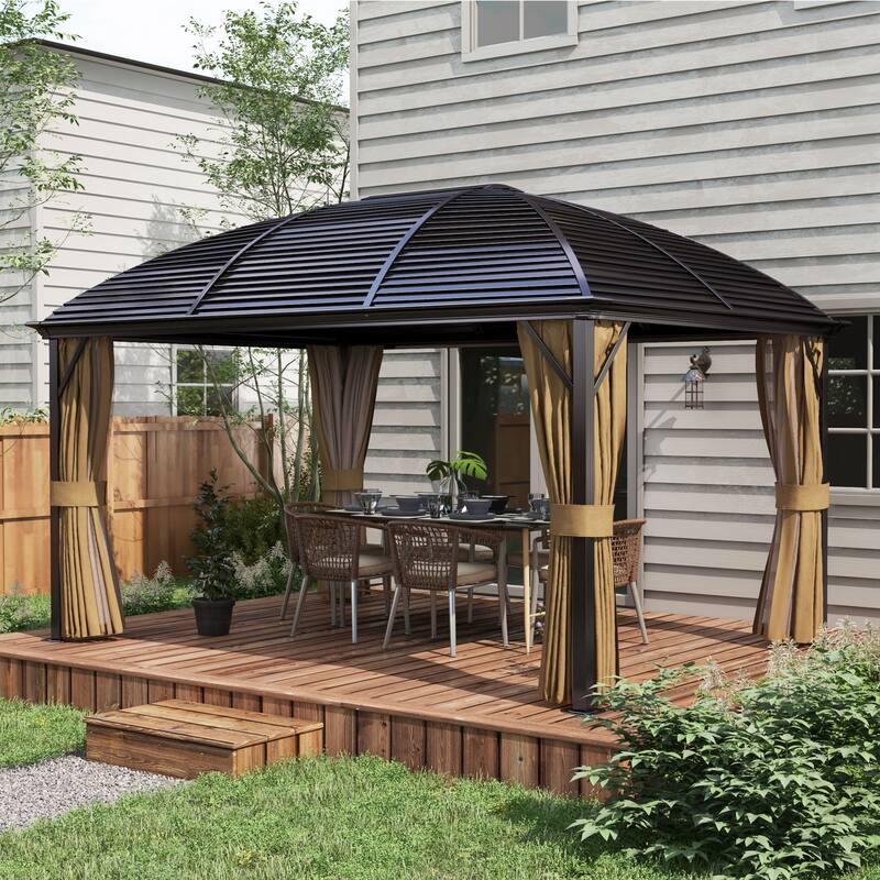 Outsunny 10' x 14' Hardtop Gazebo Canopy with Galvanized Steel Roof, Aluminum Outdoor Pavilion Gazebo - brown
