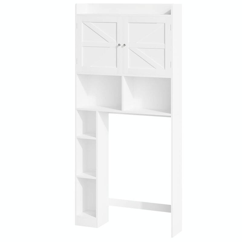 Over-the-Toilet Storage Cabinet, Freestanding Bathroom Space Saver with Adjustable Shelf, Double Doors and Open Shelves