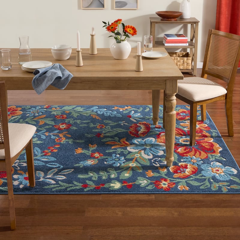 TOWN & COUNTRY EVERYDAY Hibiscus Bloom Modern Floral Indoor Outdoor Area Rug, UV Fade Resistant, High-Low Pile - Blue/Red/Beige - 5'2"x7'2"