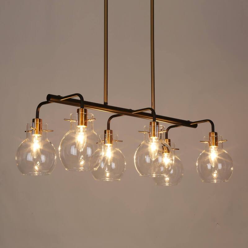 Isha Modern 6-Light Black Gold Linear Chandelier Glass Pendant Light Fixture - 28" L x 13" W x 9.5" H