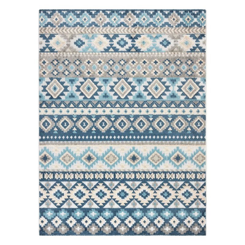 TOWN & COUNTRY EVERYDAY Dahlia Southwestern Stripe Indoor Outdoor Area Rug, UV Fade Resistant, High-Low Pile - Blue Multi - 3'11"x5'2"