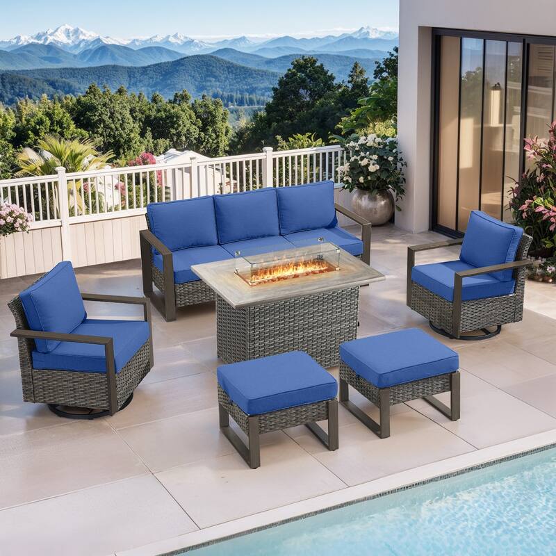 Pocassy 6 Pieces Outdoor Sofa Swivel Chair Ottoman with Fire Pit Table Set - Blue cushion - Gray Wicker