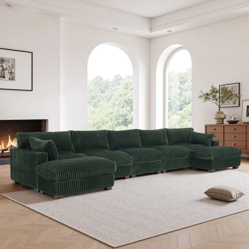 Modern Oversized Plush Corduroy Modular Sectional Sofa with 2 Ottomans - Green-7 Pieces - Symmetrical