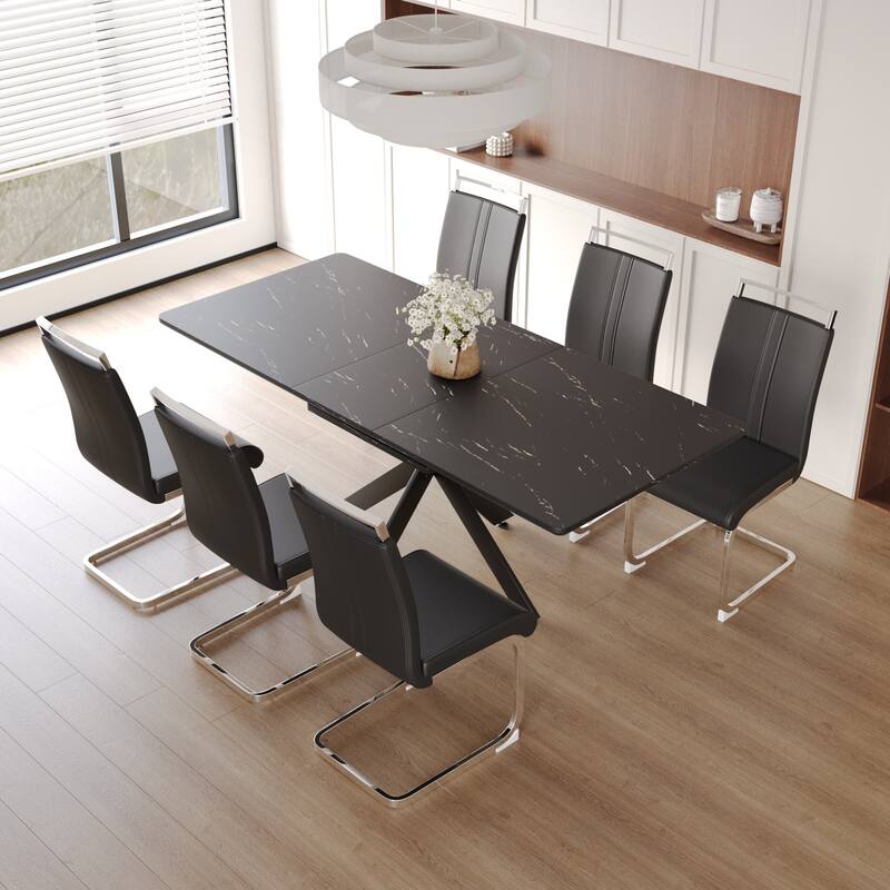Modern Dining Set with Rectangular Extendable Large Table & C-shaped Tube Soft Padded Armless Chairs