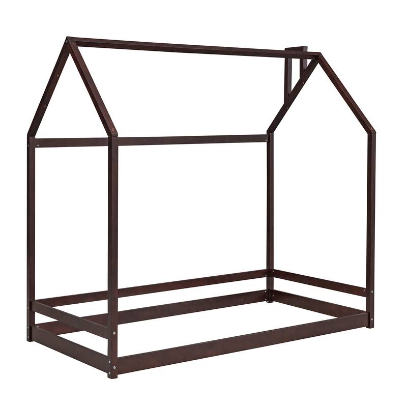 Kids Twin House Bed with Roof, Semi-Enclosed Play Area, and Sturdy Pine Frame