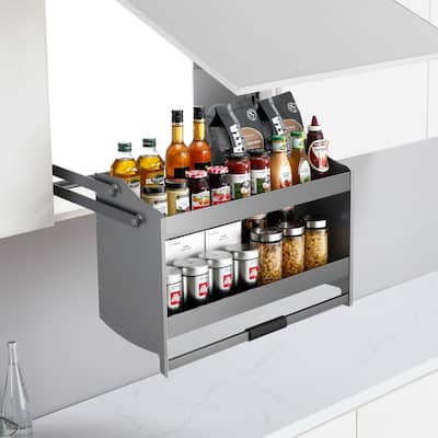 HIGOLD Shearer 2-Tier Pull Down Cabinet Organizer 35.4" Aluminium Kitchen Storage Shelf - 34.57"W x 11.14"D x 20.59"H