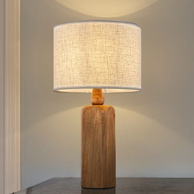 18''/22''Farmhouse Traditional Natural Solid Wood Table Lamp with Beige Fabri Drum Shade for Bedroom Living Room