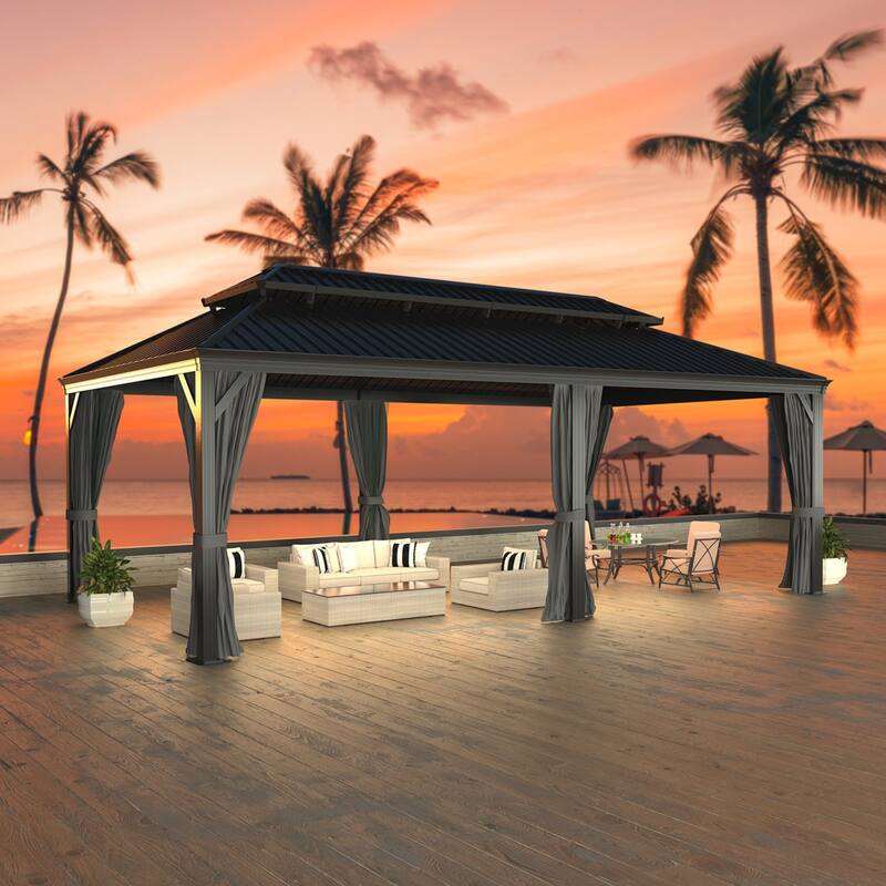 VEIKOUS Aluminum Double Hardtop Gazebo Pergola for Patio, Lawn, and Garden with Removable Curtains and Netting