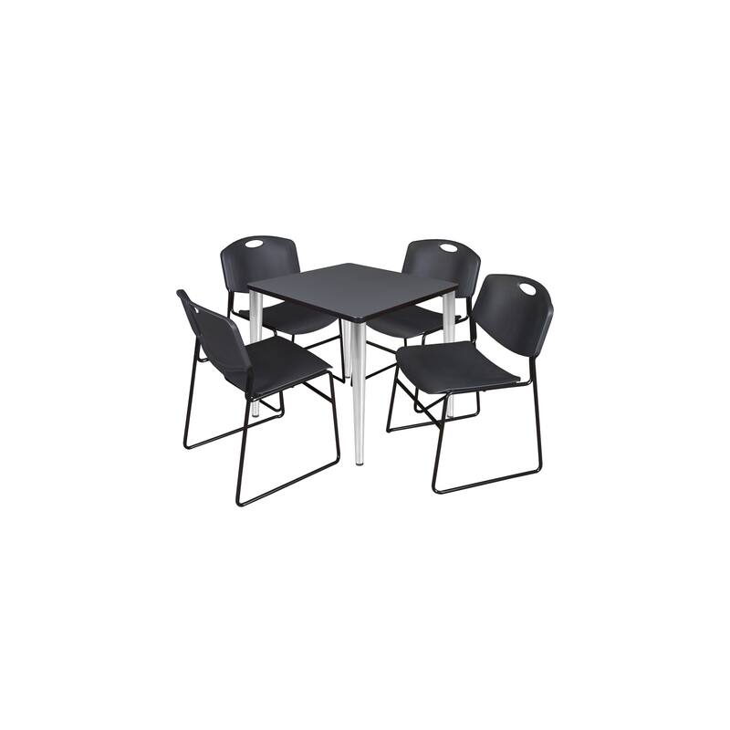 30 in. Square Breakroom Table- Grey Top, Chrome Base & 4 Stack Chairs- Black - Grey, Black