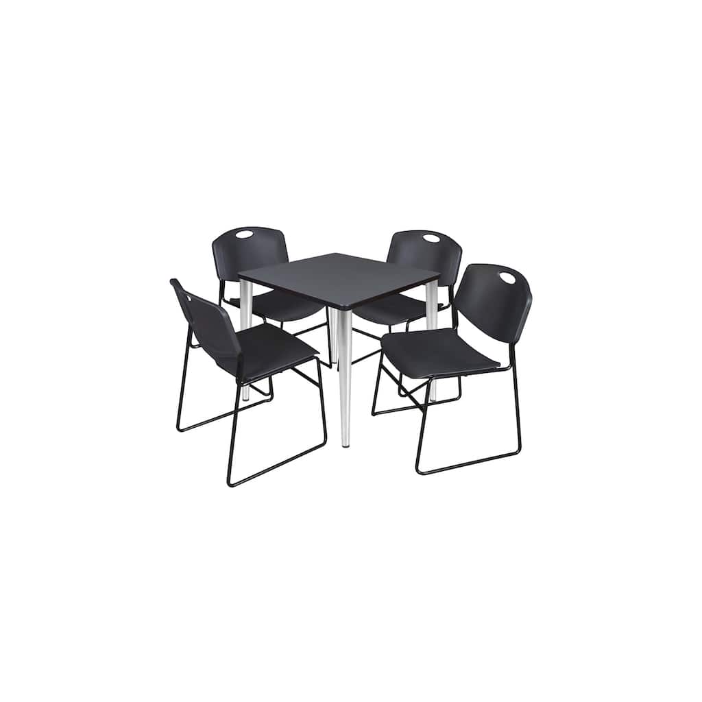 30 in. Square Breakroom Table- Grey Top, Chrome Base & 4 Stack Chairs- Black - Grey, Black