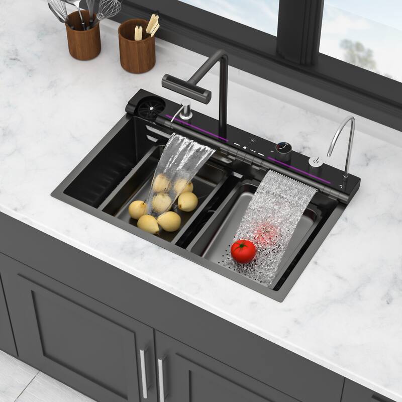30" Drop-In 16 Gauge Single Bowl Stainless Steel Smart Digital Kitchen Sink with Faucet in Gunmetal Black - 30'' x 19'' x 9''