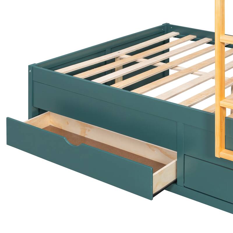 Kids Bed Frame Full Over Full Bunk Bed with Drawers and Wardrobe