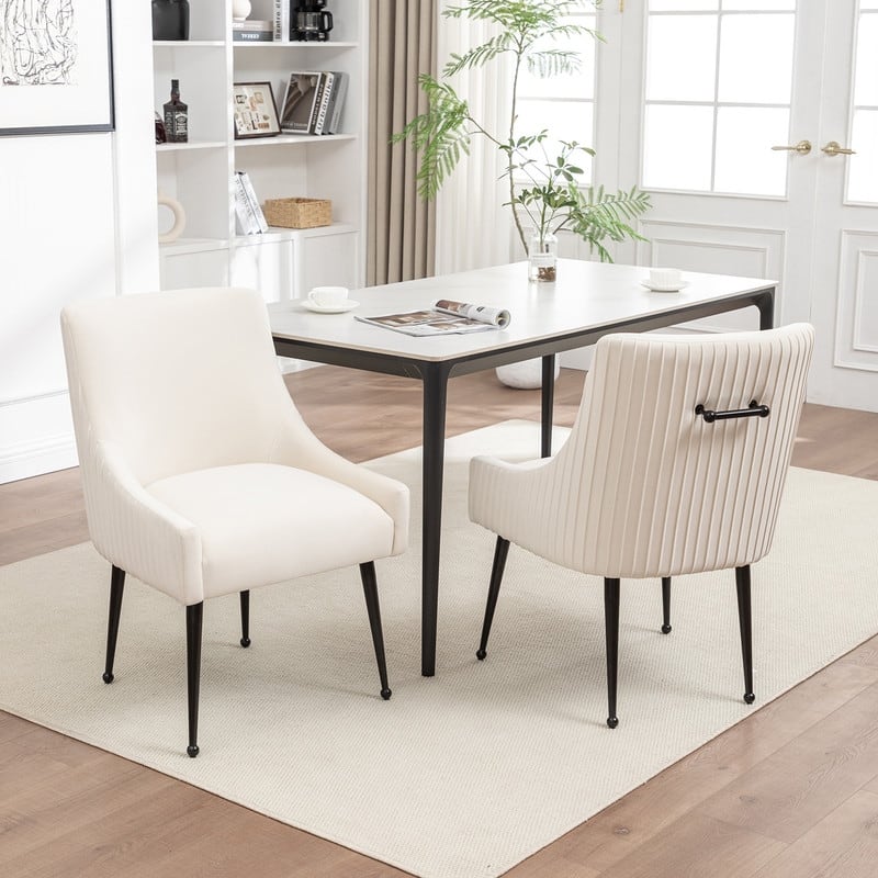 SEYNAR Modern Glam Velvet Black Metal Legs Dining Chair or Vanity Chair Set of 2 with Rear Handle - Beige
