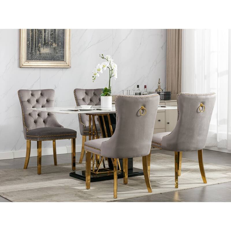 Tufted Solid Wood Velvet Upholstered Dining Chair with Gold Stainless Steel Leg