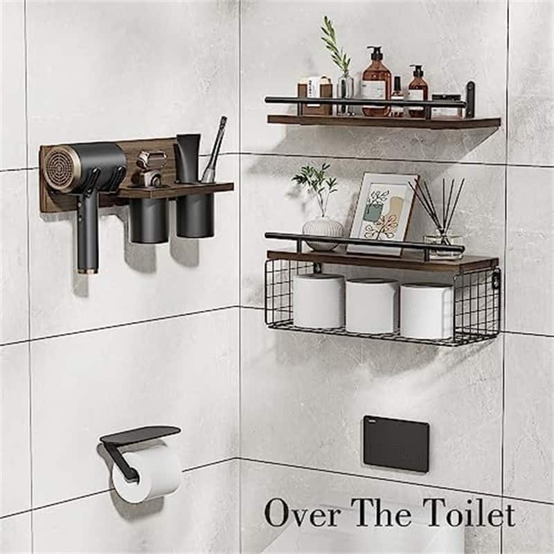 Floating Shelves with Hair Dryer Holder - 5.9"D x 15.7"W x 0.6"H - 5.9"D x 15.7"W x 0.6"H - Rustic Brown