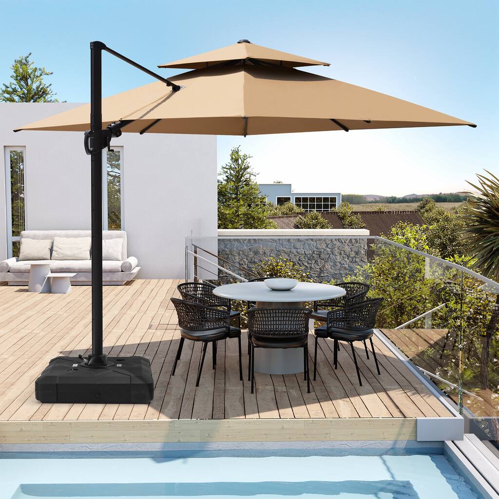 Outdoor Patio 10-foot Square Double Top Offset Cantilever Umbrella with Base
