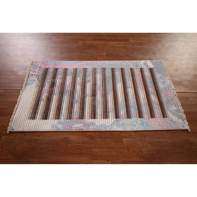Striped Abstract Accent Rug Hand-Knotted Wool Carpet - 2'8" x 4'11"